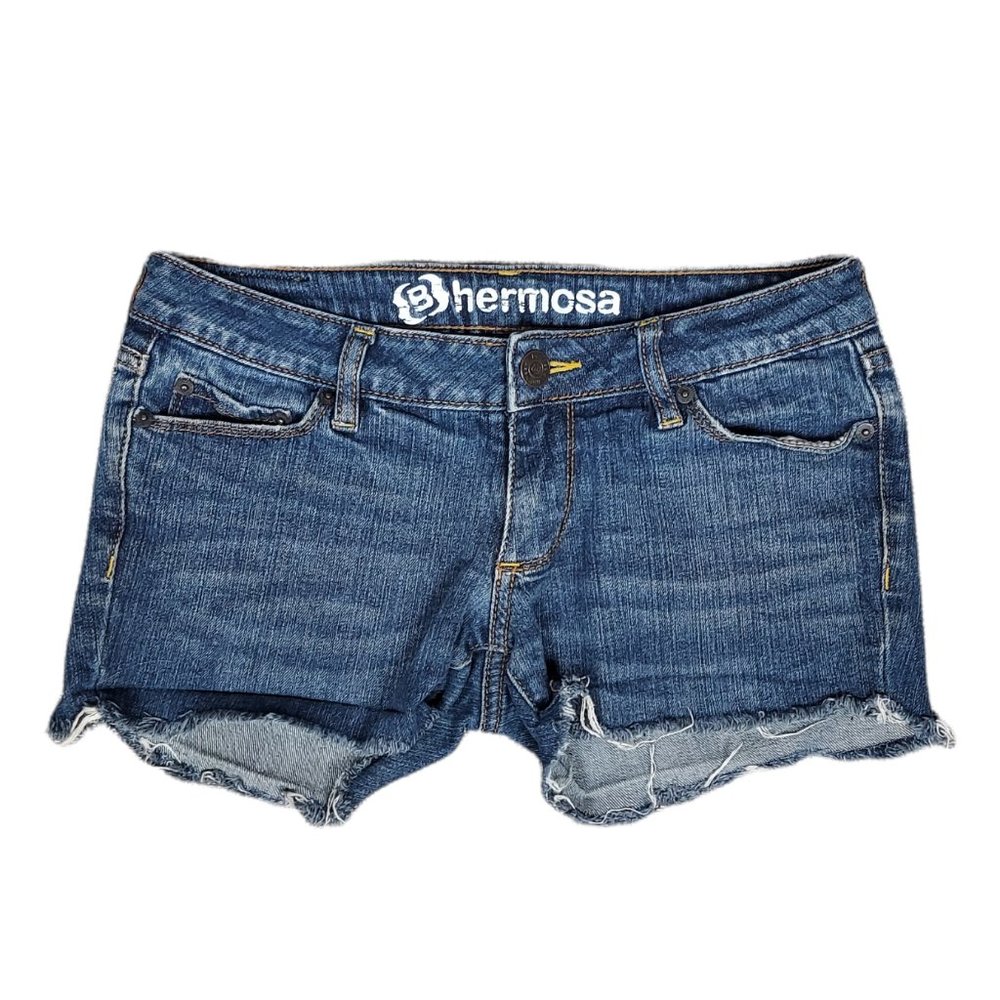 BULLHEAD B HERMOSA SUPER SKINNY DENIM FRAYED SHORT SHORTS (3 LONG)